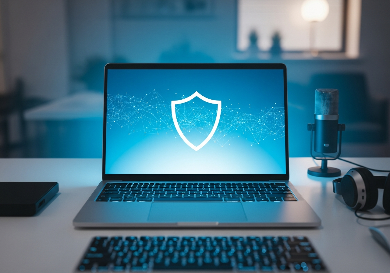 Laptop with security shield icon